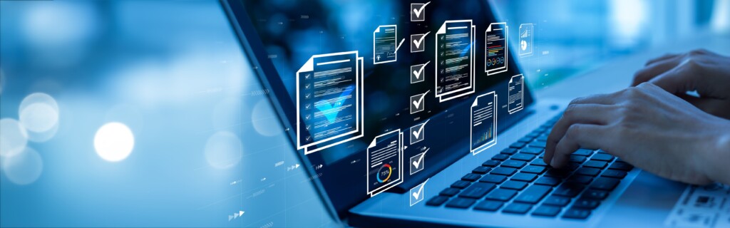 Person typing on a laptop with digital document and checklist icons, representing managed network security services in Central Ontario