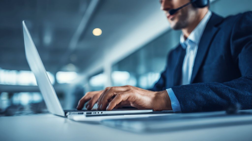 IT support specialist wearing a headset and working on a laptop, representing outsourced help desk services in Central Ontario