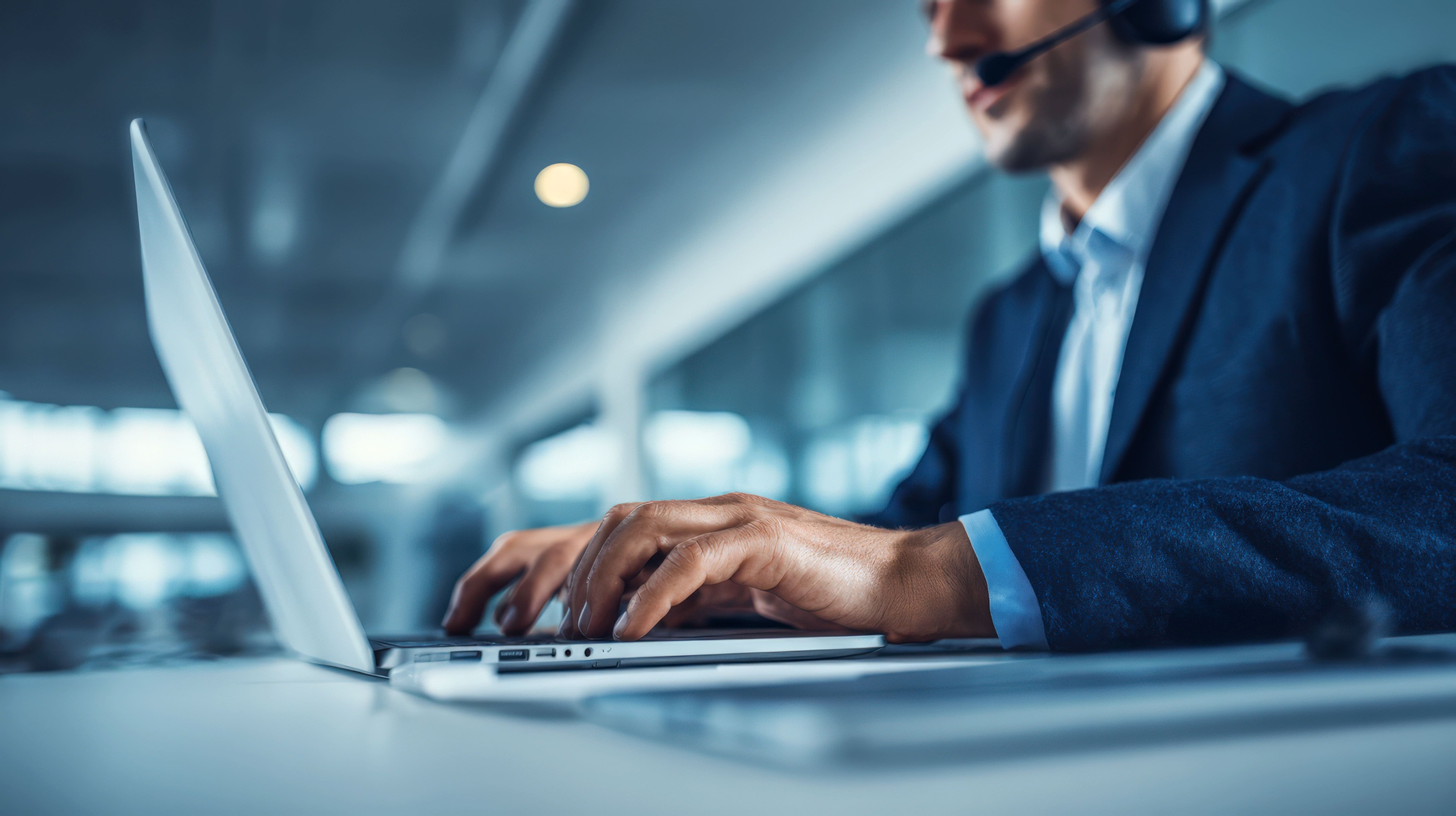 IT support specialist wearing a headset and working on a laptop, representing outsourced help desk services in Central Ontario