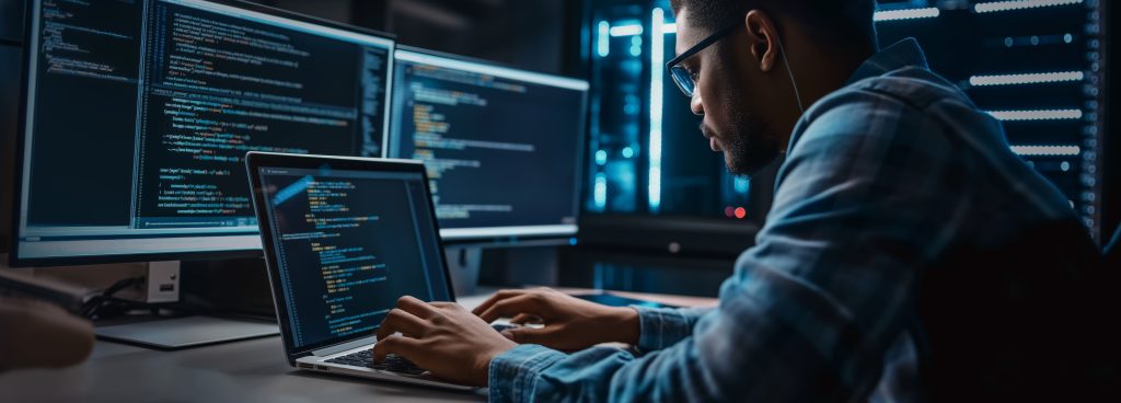 IT professional programming on multiple monitors in a server room, representing managed IT support and partnerships in Barrie