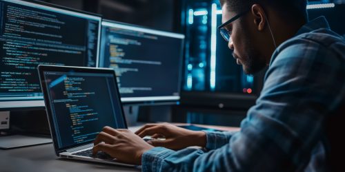 IT professional programming on multiple monitors in a server room, representing managed IT support and partnerships in Barrie