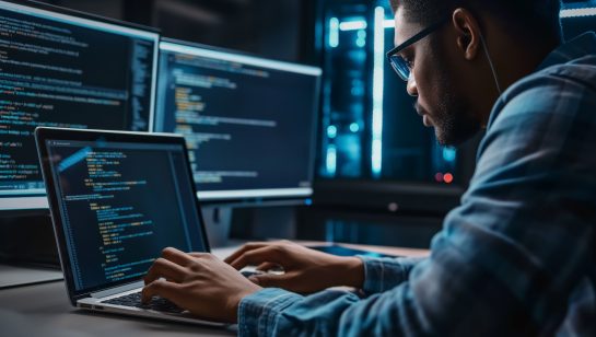 IT professional programming on multiple monitors in a server room, representing managed IT support and partnerships in Barrie