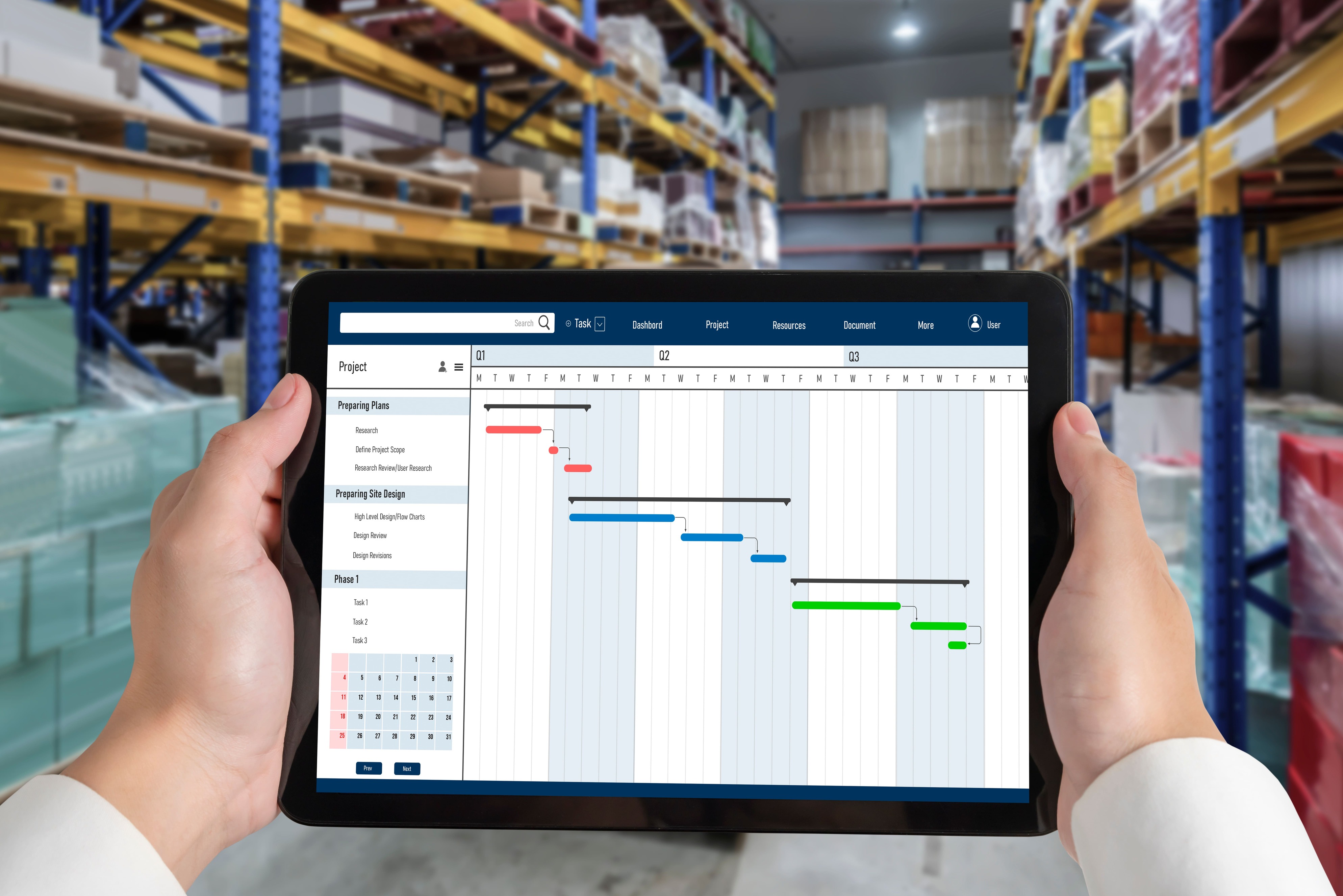 Project planning software for modish business project management on the computer screen showing timeline chart of the team project