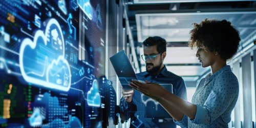 Two IT professionals working with laptops in a server room with digital cloud icons on the screen