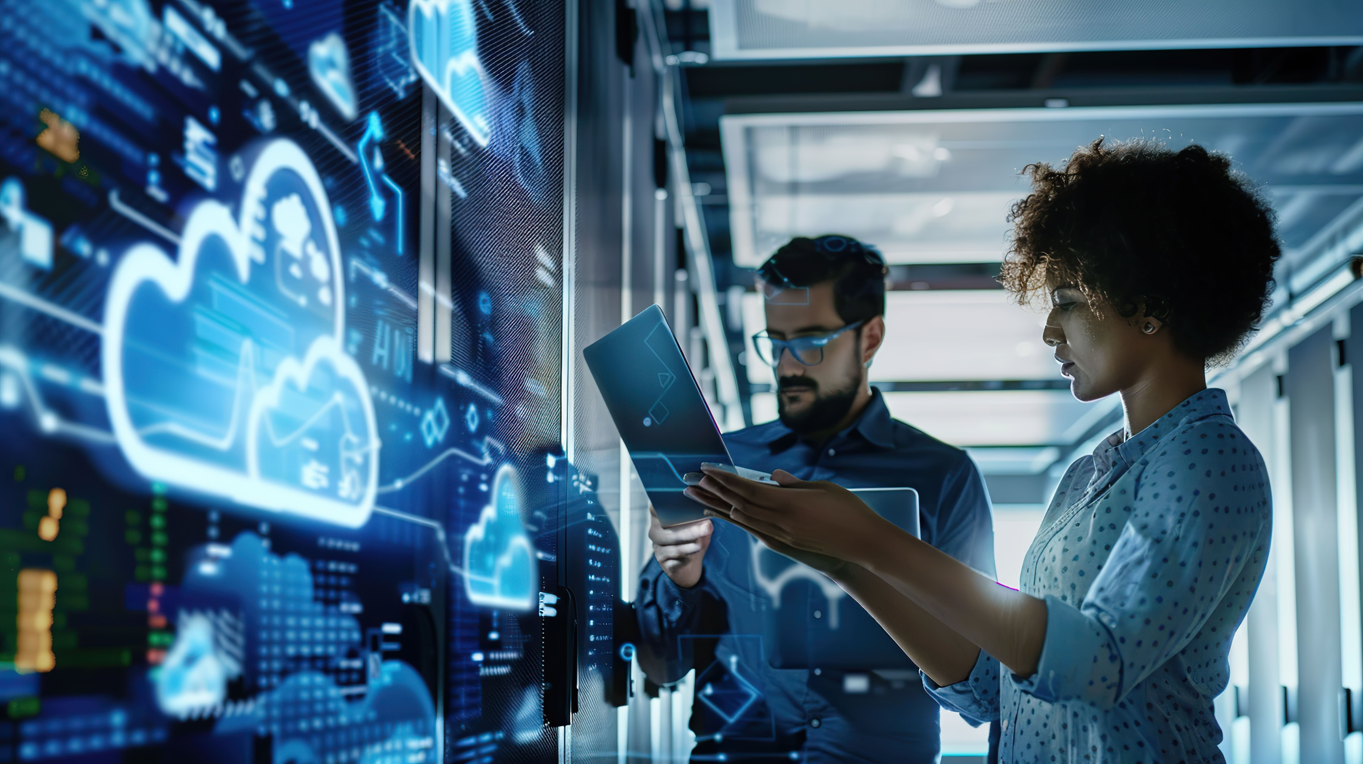 Two IT professionals working with laptops in a server room with digital cloud icons on the screen