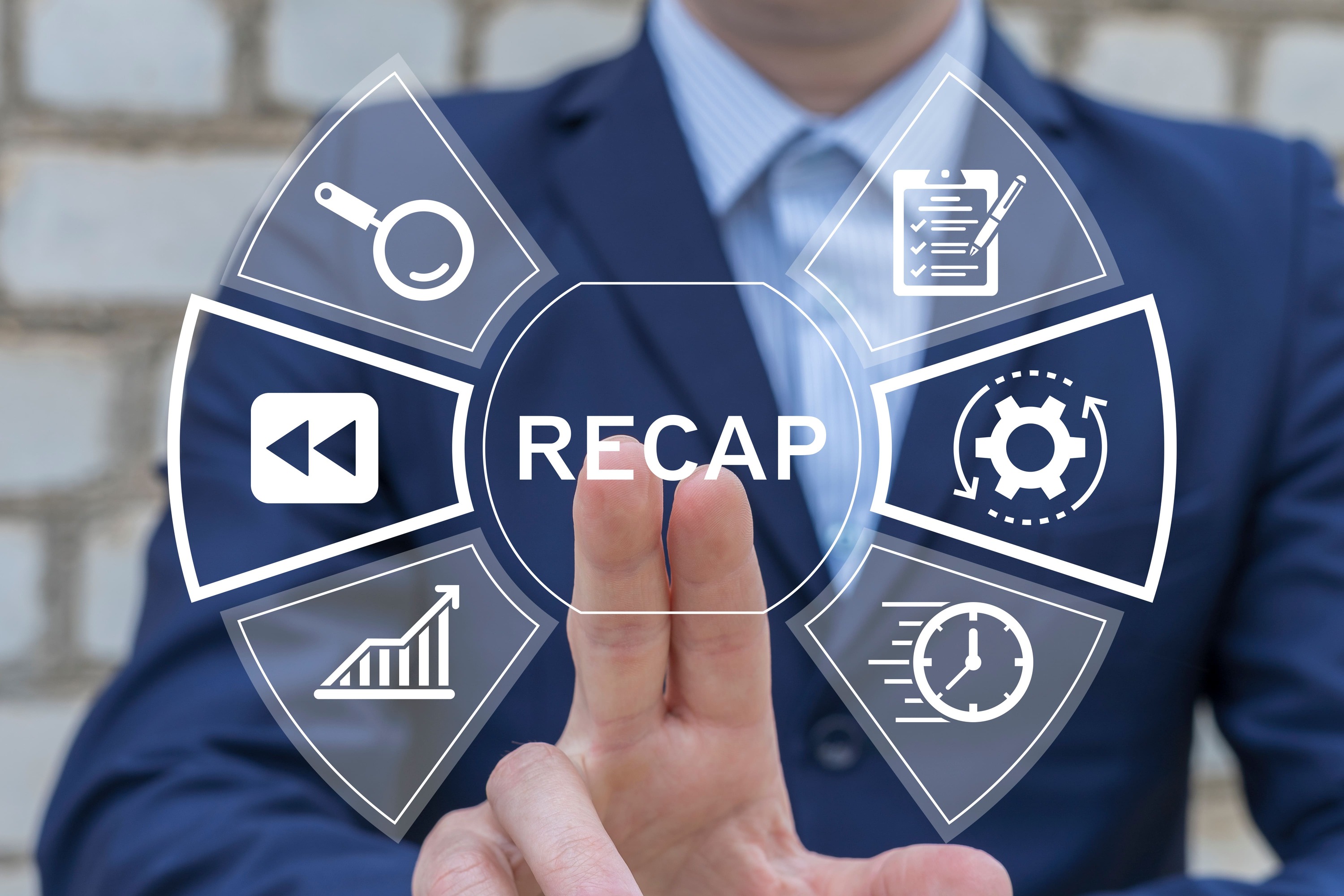 Businessperson touching a virtual interface with icons and the word ‘Recap’ displayed at the center.
