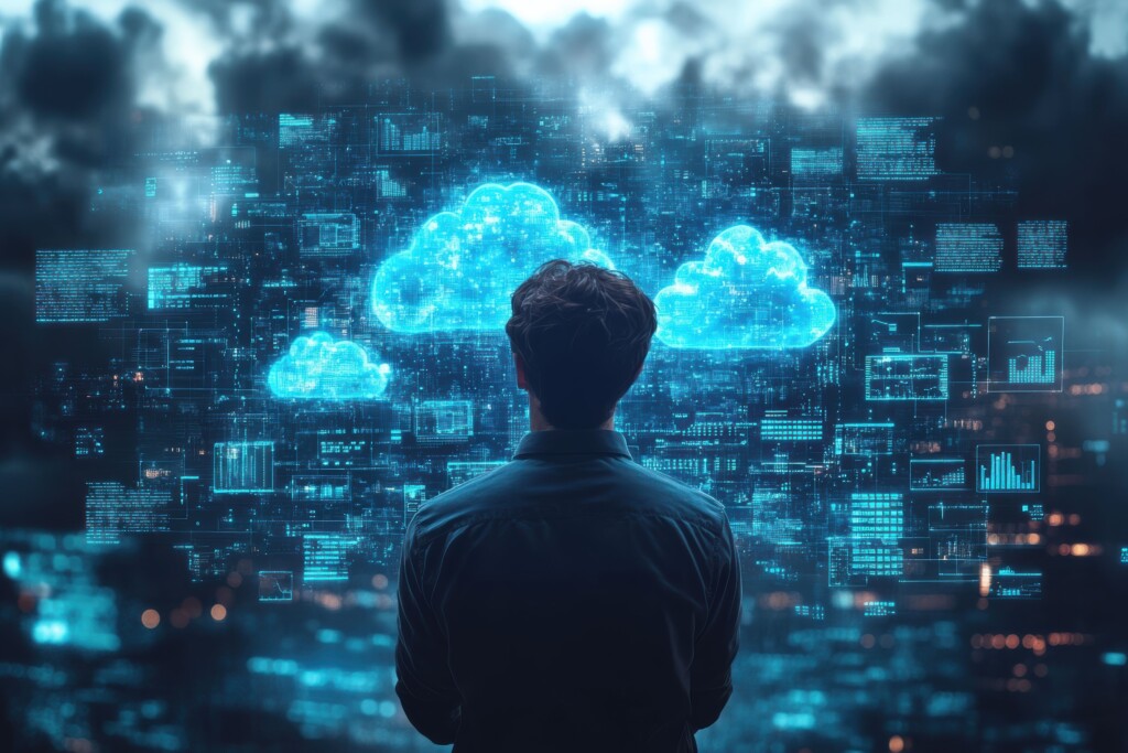 Man looking at glowing digital cloud icons surrounded by futuristic data visualizations.