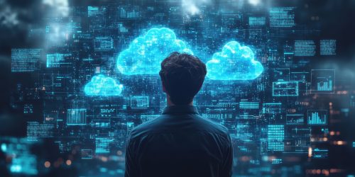 Man looking at glowing digital cloud icons surrounded by futuristic data visualizations.