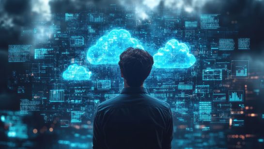 Man looking at glowing digital cloud icons surrounded by futuristic data visualizations.