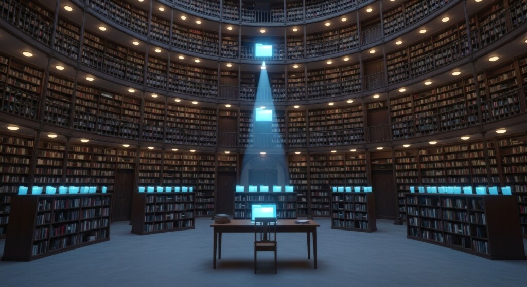 Futuristic circular library with glowing blue screens among tall bookshelves