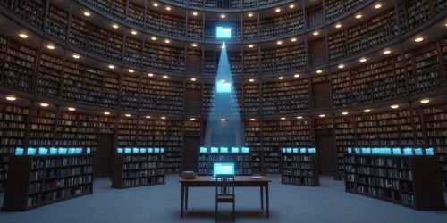 Futuristic circular library with glowing blue screens among tall bookshelves