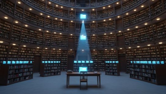 Futuristic circular library with glowing blue screens among tall bookshelves