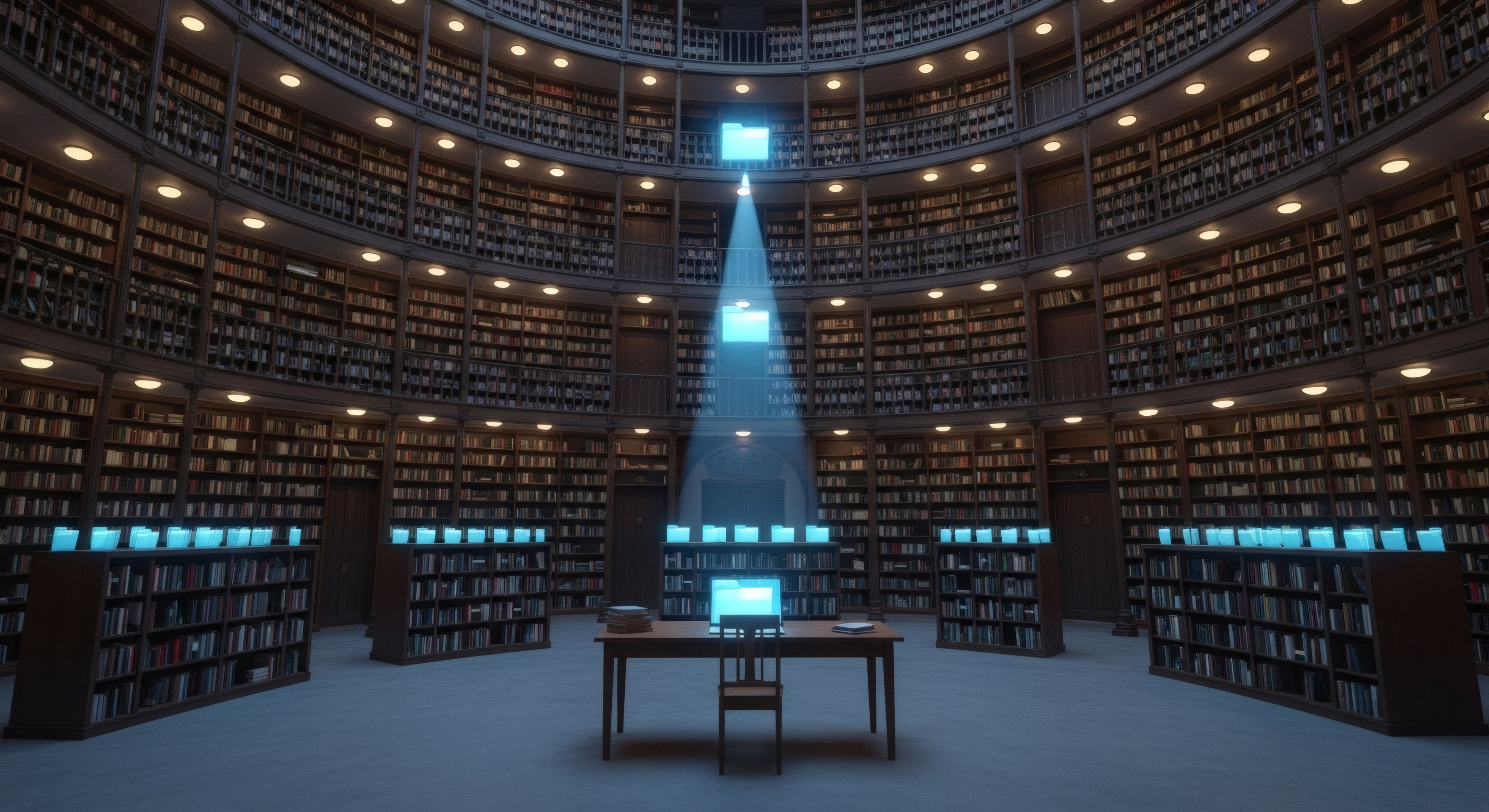 Futuristic circular library with glowing blue screens among tall bookshelves