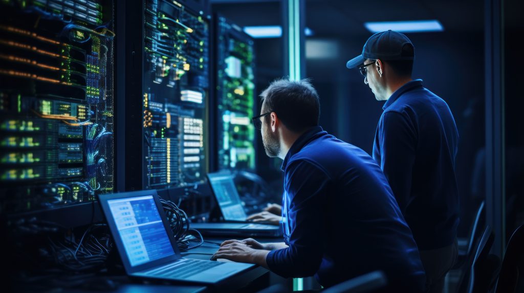 Two IT specialists working on laptops in a server room with illuminated racks