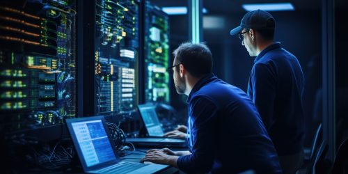 Two IT specialists working on laptops in a server room with illuminated racks