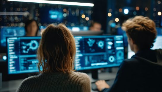 Two people working side by side in a dimly lit control room, looking at large computer monitors displaying complex data visualizations and system analytics.
