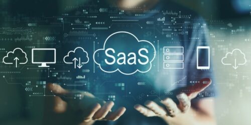 Hands presenting a cloud interface labeled ‘SaaS’ with icons representing software, servers, and cloud computing services