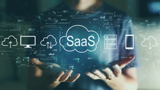 Hands presenting a cloud interface labeled ‘SaaS’ with icons representing software, servers, and cloud computing services