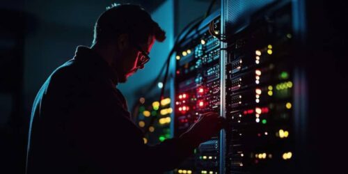 IT professional monitoring and adjusting server equipment in a data center environment.