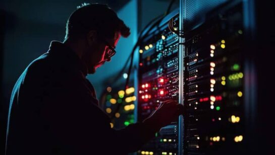 IT professional monitoring and adjusting server equipment in a data center environment.