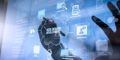 Digital interface showing web design and development concepts such as responsive design, testing, and user settings.