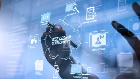 Digital interface showing web design and development concepts such as responsive design, testing, and user settings.