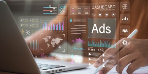 Digital advertising and marketing analytics concept. professional analyzes ad performance dashboard, showcasing customer engagement insights, social media strategy, audience targeting, ROI measurement