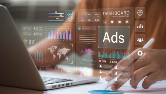 Digital advertising and marketing analytics concept. professional analyzes ad performance dashboard, showcasing customer engagement insights, social media strategy, audience targeting, ROI measurement