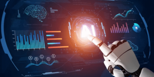 A robot hand touching a glowing AI button, symbolizing artificial intelligence powering and driving modern business solutions.