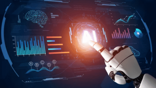 A robot hand touching a glowing AI button, symbolizing artificial intelligence powering and driving modern business solutions.