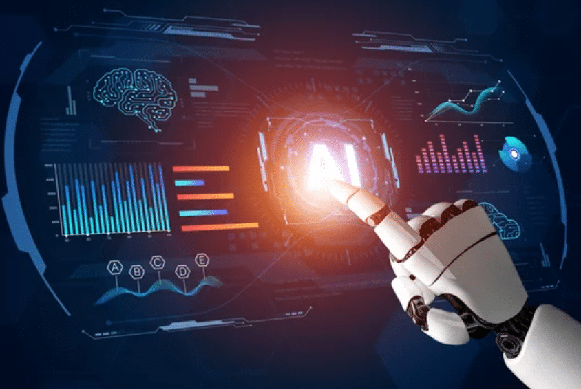 A robot hand touching a glowing AI button, symbolizing artificial intelligence powering and driving modern business solutions.