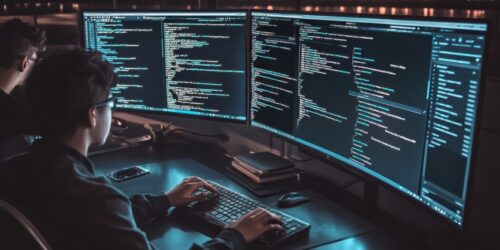 Teamwork in cybersecurity analysis investigating network threats and defending system from attacks with multi screen display at night