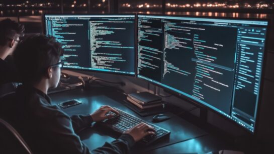 Teamwork in cybersecurity analysis investigating network threats and defending system from attacks with multi screen display at night