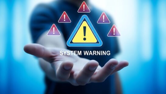 Cybersecurity Alert Digital system warning sign held by a hand, symbolizing data breach and online security threats