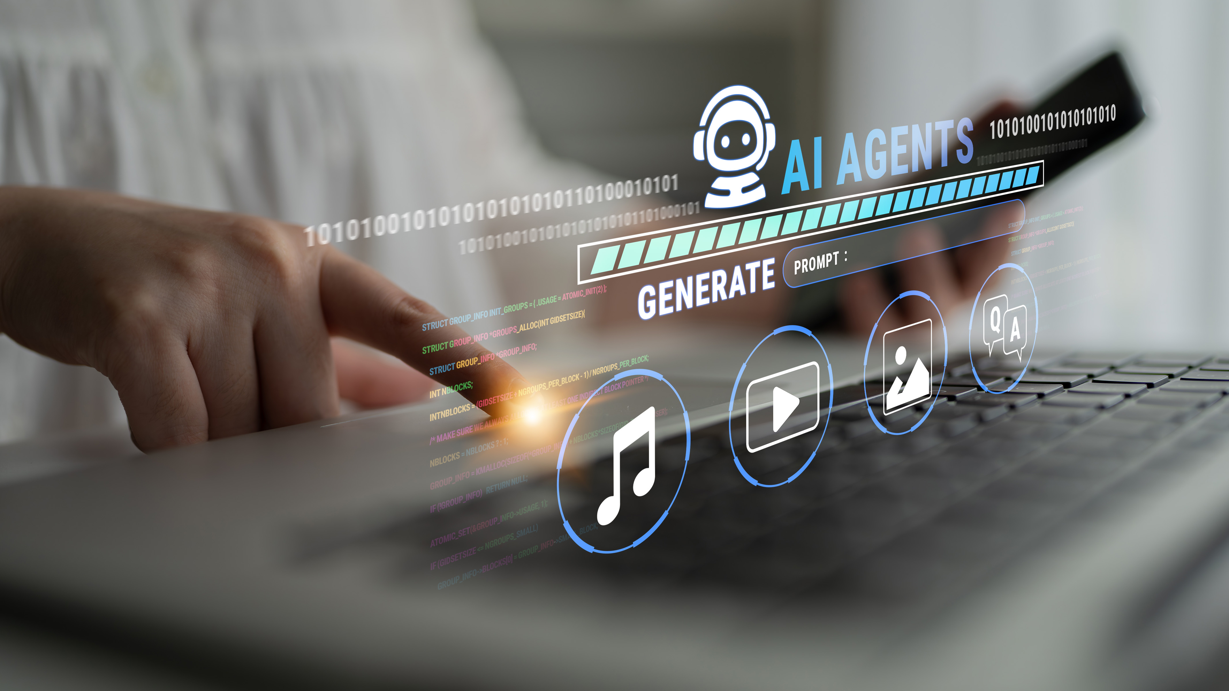 Futuristic Digital Interface Showing AI Agents Generating Content Through Interactive Hands and Technology for Modern Business and Innovation Fluxor.