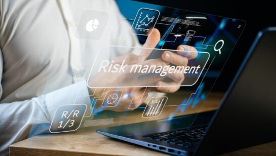 Risk management and strategic decision-making concept, digital interface with analytics, performance indicators, forecasts, risk reward and stop loss tools, man analyzing charts