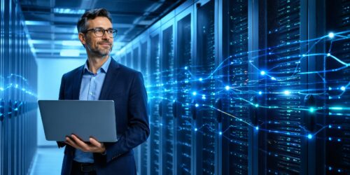 Chief technology officer holding a laptop in a data center while digital lines stream through servers, highlighting server performance, secure infrastructure, and reliable digital operations