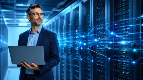 Chief technology officer holding a laptop in a data center while digital lines stream through servers, highlighting server performance, secure infrastructure, and reliable digital operations