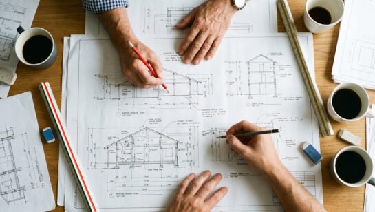 Architects Hands Working on Building Blueprints and Architectural Drawings