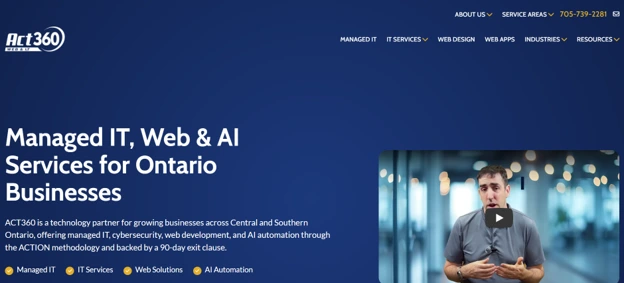 Act360 Web & IT homepage showing managed IT, cybersecurity, web, and AI automation services for Ontario businesses