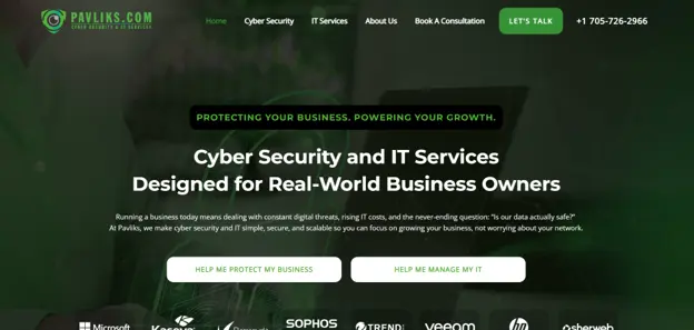 Pavliks cybersecurity and IT services in Barrie, serving Orillia, homepage