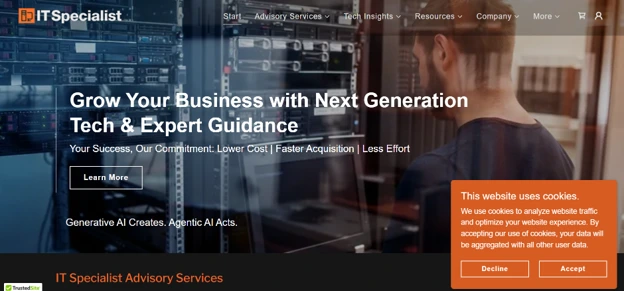 IT Specialists homepage highlighting next-generation tech advisory services