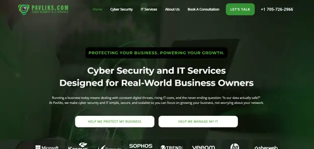 Pavliks cybersecurity and IT services homepage, serving Barrie manufacturers