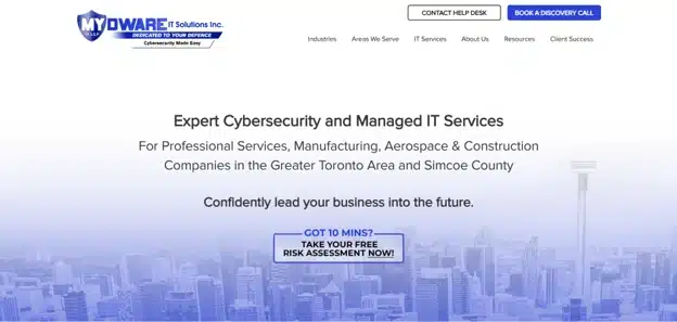 MYDWARE IT Solutions homepage, serving manufacturing and aerospace clients near Barrie
