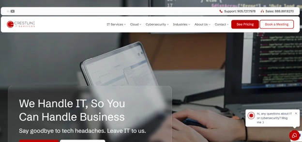 Crestline IT Services homepage for managed IT and cybersecurity support in Barrie