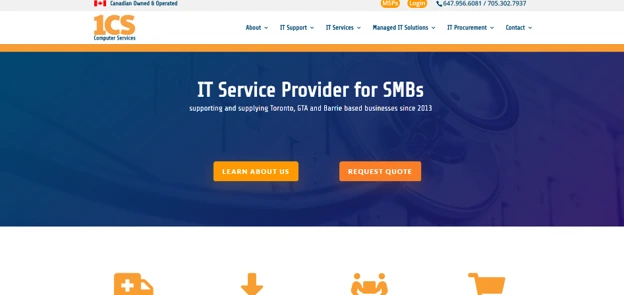 1CS Computer Services homepage for IT support serving Toronto, GTA, and Barrie-based businesses