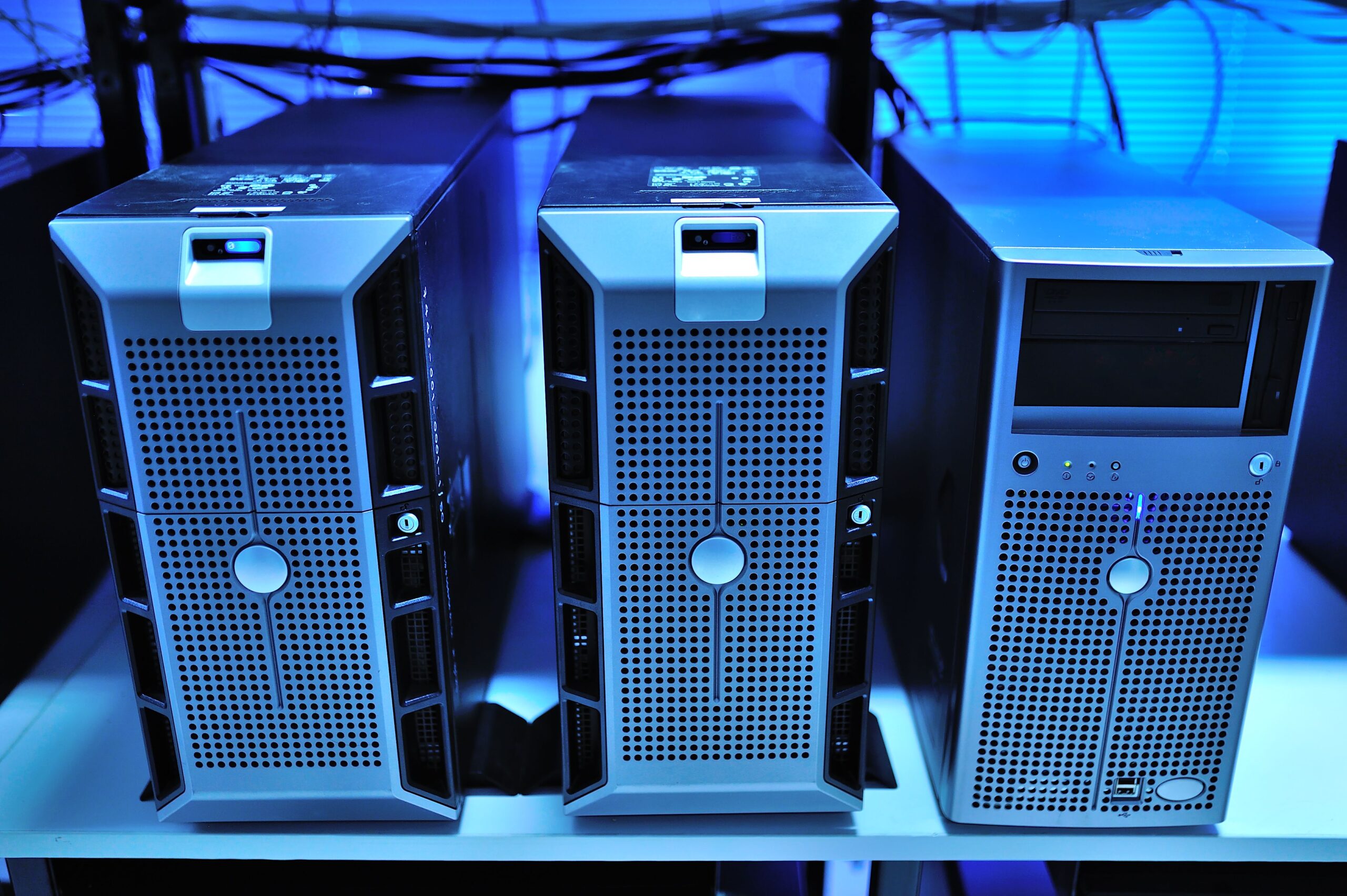 Close-up view of modern rack-mounted servers in a data center used for backup and recovery