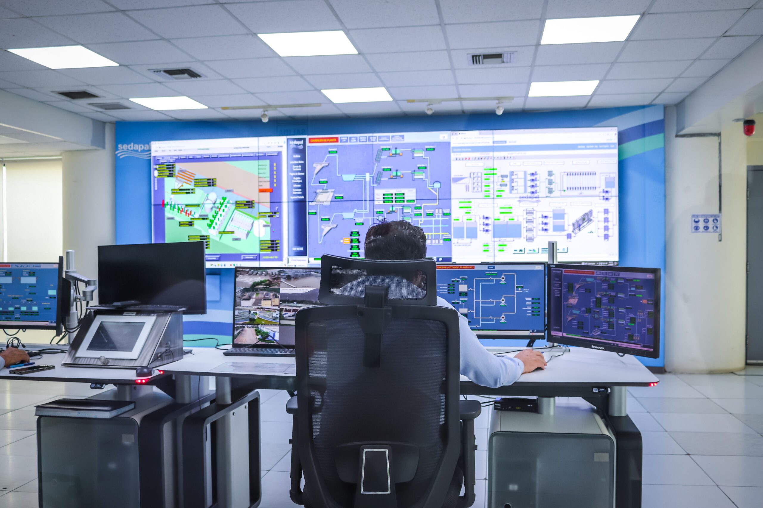 Operator monitoring network systems on multiple screens in a control room
