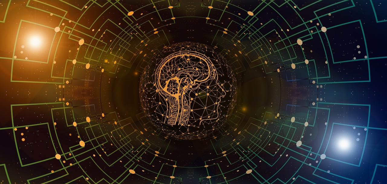 Abstract illustration of a neural network overlaying a human head, representing AI automation