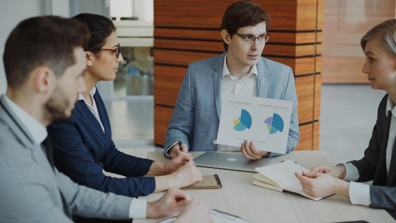 Small business team reviewing performance charts together in a quarterly business review